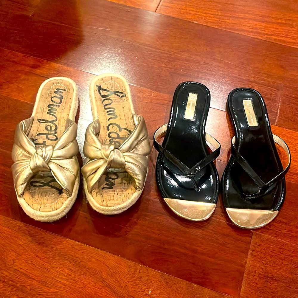 Women’s flats bundle. Set of two black / gold sandals size 6.5 slip on shoes